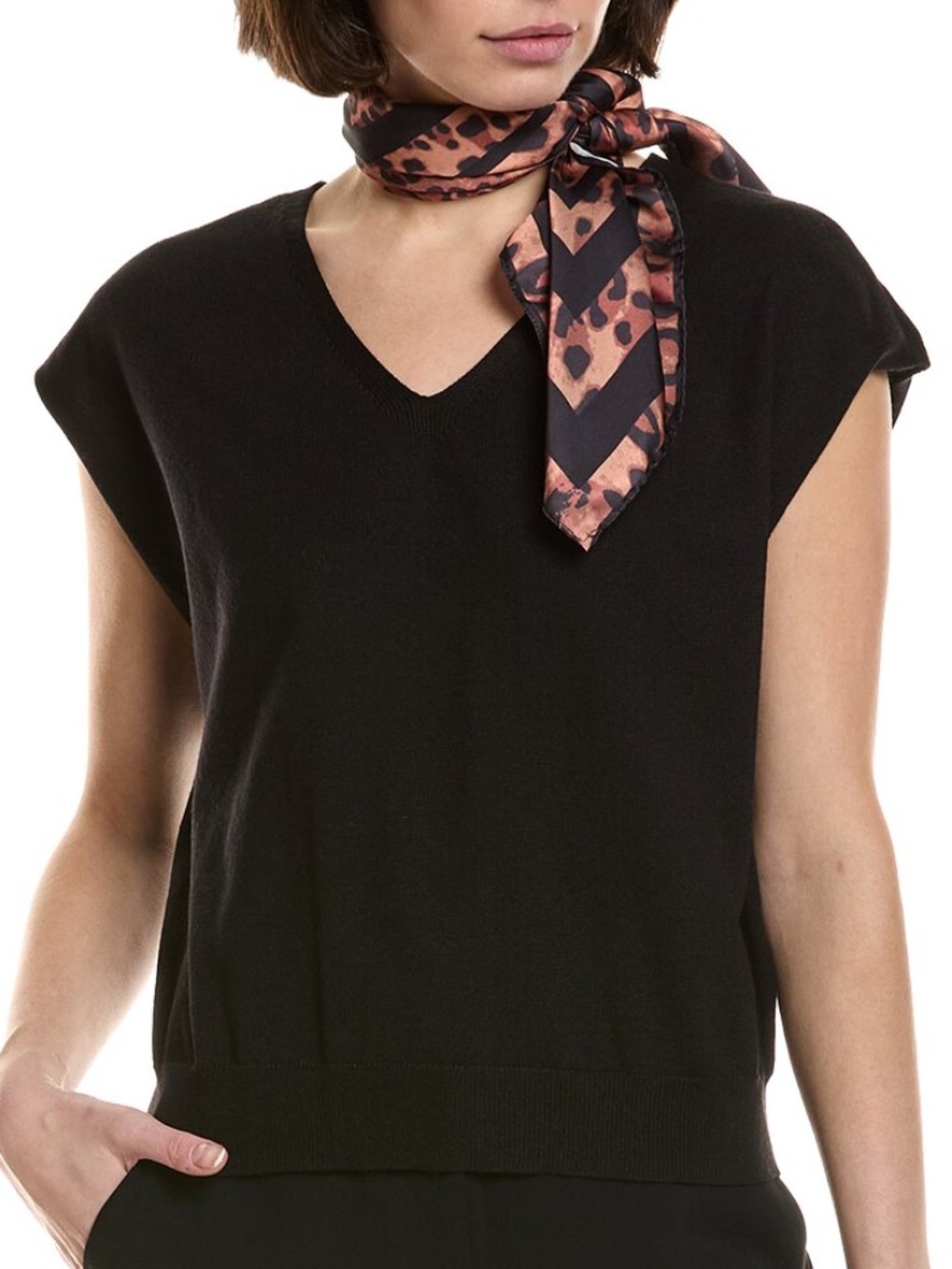 NEW Nicole Miller Black V Neck Sweater w/ Leopard-print Accent Scarf SZ XL